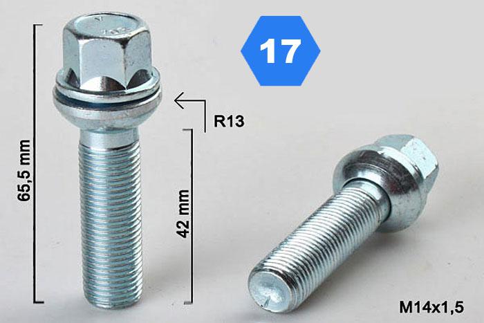 M14x1,5, Radius 13, Wielbout radius, Draadlengte 42mm, SW 17, o.a.VW/Audi